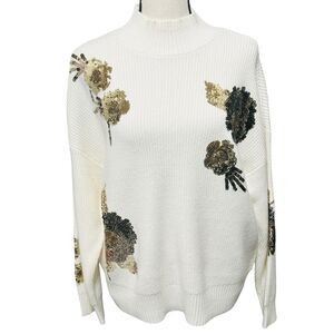 Nicole Miller Sequin Moc Neck Sweater Cream/Bronze Sz Large